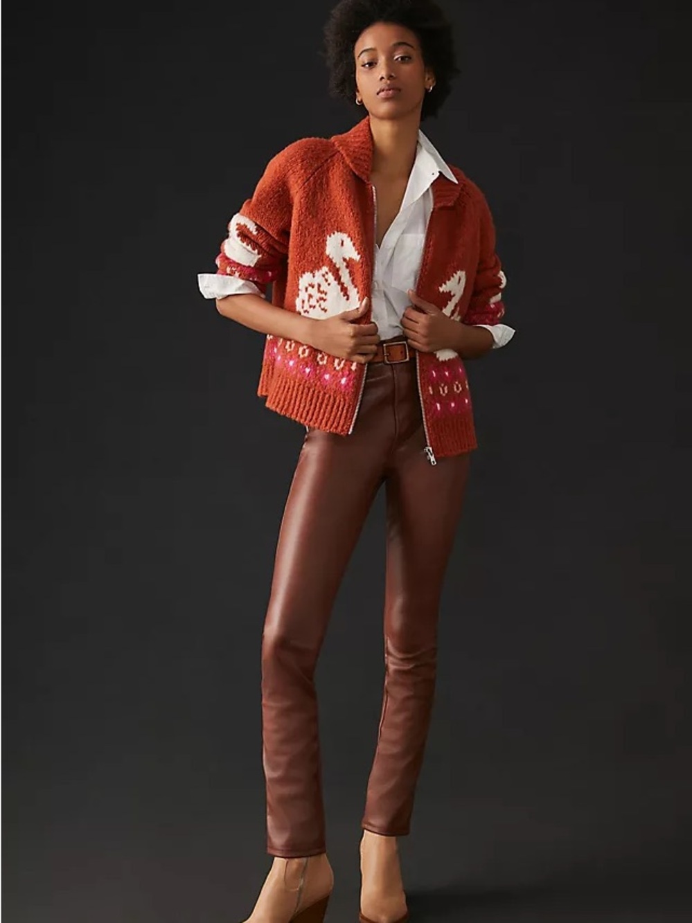 Anthropologie Swan Intarsia Zip Cardigan Rust Wool Blend Novelty Sweater Jacket - Picture 2 of 16